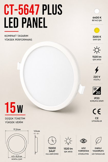 CT-5647 Plus LED Panel 15W Beyaz Işık 6400K Yuvarlak Sıva Altı LED Spot Armatür