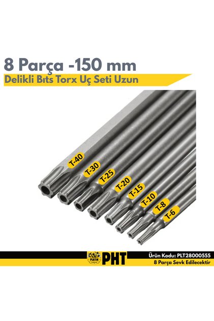 PHT Delikli Bıts Torx Uç Seti Uzun Boy 150MM ( 8 Parça ) T6,8,10,15,20,25,30,40 PLT28000555