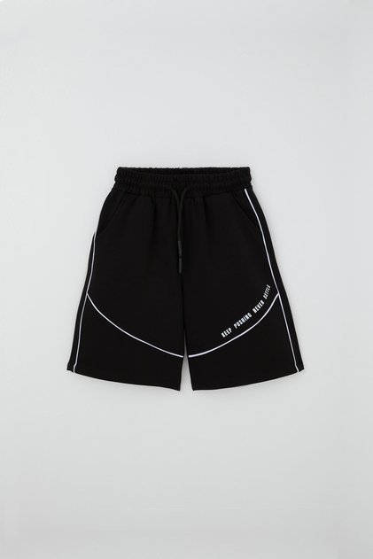 Boy's Shorts with Stripe Detail and Printed Text, Ages 5-9, Black