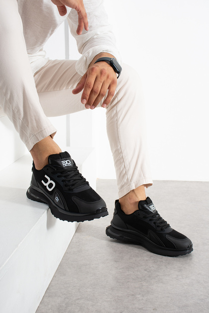 Apollon Men's Black and White Lace-Up Thick Sole Knitwear Mesh Detailed Casual Sneaker Sports Shoes