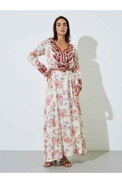Off White Floral Maxi Jalabiya with Dori Embroidery
