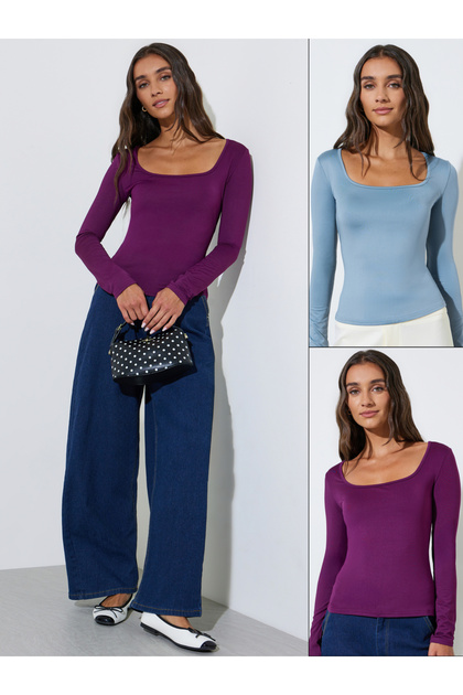 Pack of 2 - Square Neck Long Sleeve Knit Top