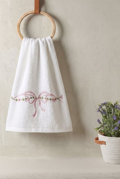 Ribbon Embroidered Bamboo Hand & Face Towel, Set of 2, 60% Bamboo 40% Cotton, 50 X 90 Cm, White