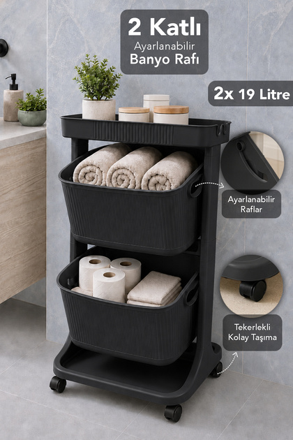 2-Tier Bathroom Organizer - Bathroom Organization with Adjustable Shelves and Rolling Towel Organizer Black
