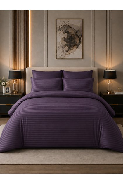 Striped Plum Satin Double Duvet Cover Set