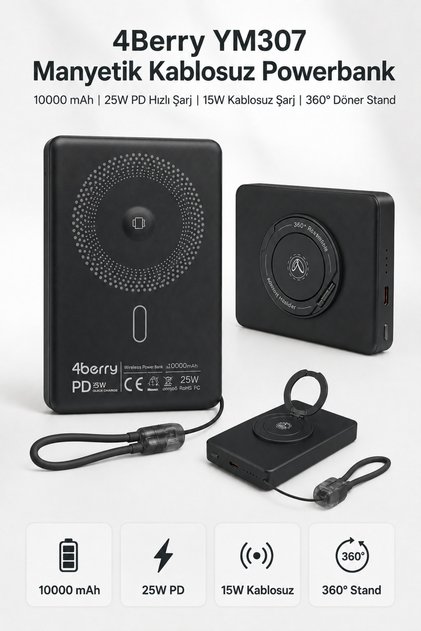 YM307 10000 mAh Manyetik Kablosuz Powerbank – 25W PD Hızlı Şarj, 15W Kablosuz Şarj ve 360° Döner Sta
