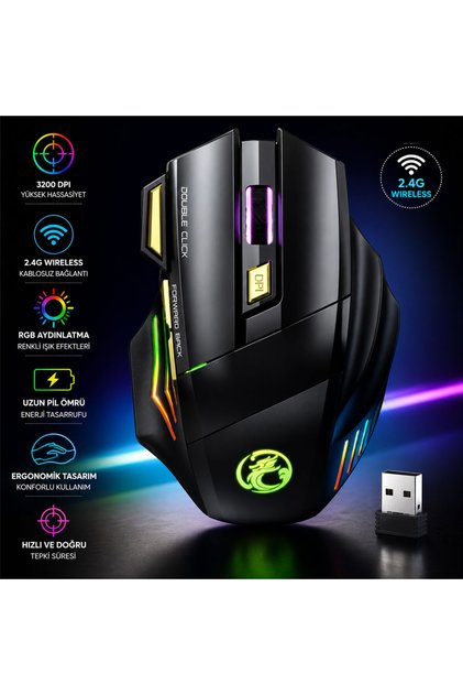 3200 DPI RGB Kablosuz Gaming Mouse Ergonomik Oyuncu Faresi USB Alıcılı Hassas Kontrol