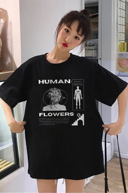 Mi̇ngalondon Human Flowers Black Unisex Oversize T-Shirt