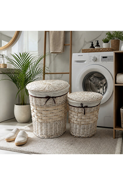 2-Piece Woven Rattan Laundry & Storage Basket Set with Fabric Liner & Lid | Round Boho Storage Bins