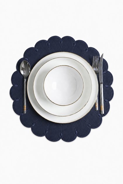 Embroidered Leather American Service Set of 2 Double-Sided Round Placemats 40X40 cm Almada Navy Blue