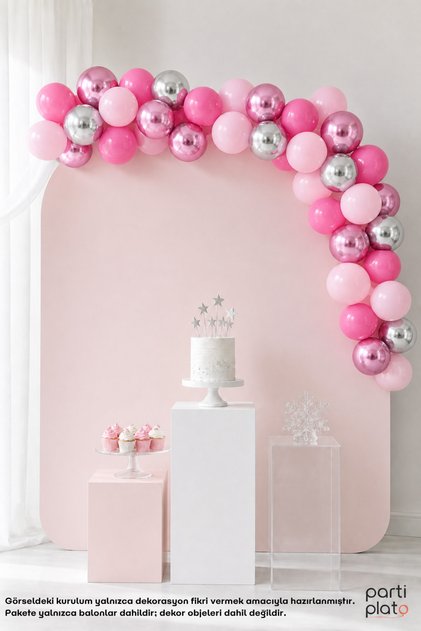 Pink Dream Sparkle 40-Piece Balloon Chain Set, Chrome Pink and Silver Balloons, 5-Meter Chain and 100-Piece Tape