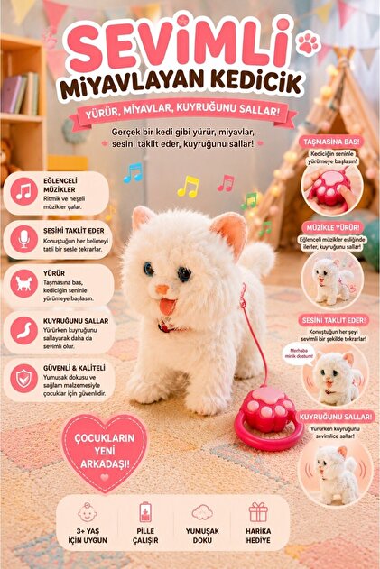 Sevimli Hareketli Sesli Kedi Köpek Oyuncak – Yürüyen, Müzikli, Ses Taklitli, Kuyruk Sallayan Peluş Oyuncak
