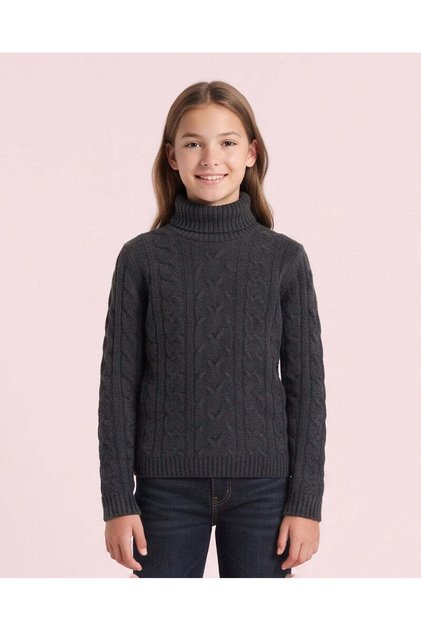Senior Girls Black High Neck Cable Knit Pullover