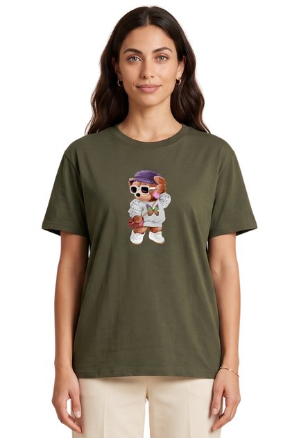Women's Khaki Lovely Teddy Bear Printed T-Shirt 100% Cotton Comfortable Fit