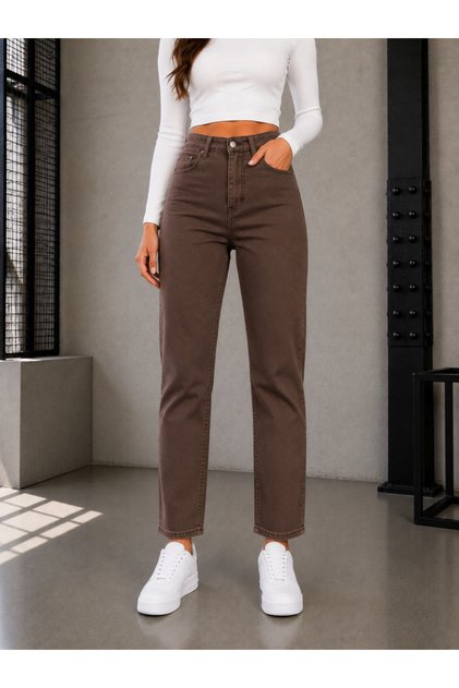 Miu Kadın Kahverengi Yüksek Bel Likralı Trend Mom Jean