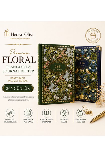 Premium Floral Planlayıcı & Journal Defter Kraft Kağıt ve Yaldızlı Kapaklı Ajanda