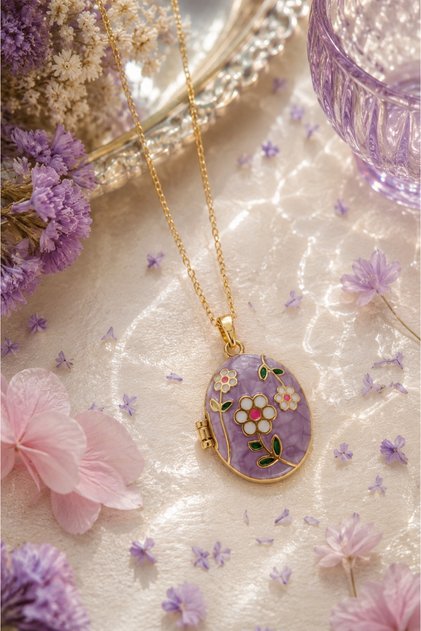 Bloomie Floral Purple Clamshell Locket Steel Necklace (Gold Color)