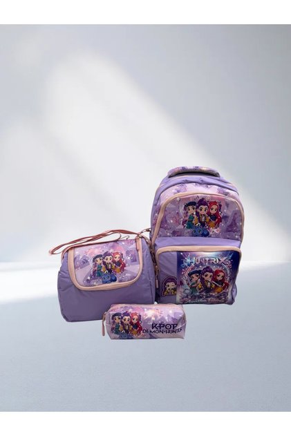Sevi̇l Clothing Show & School Clothes K-Pop Demon Hunters Patterned 3-Piece Girls' Primary School Bag Set - Backpack - Pen Holder and Lunch Bag