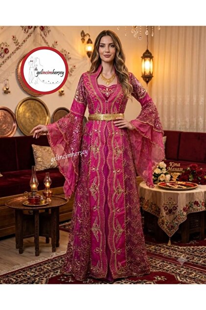 Fuşya İşlemeli Mihrimah Model Kaftan Bindallı