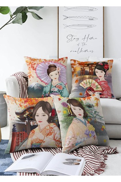 Double Sided Water Color Japanese Girls Designed 4-Piece Raschel Knitted Throw Pillow Cover Set