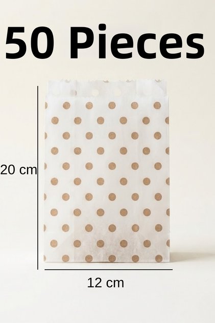 50 Pieces of White Paper Bags with Gold Polka Dots and Gift Packaging Package 12X20 cm