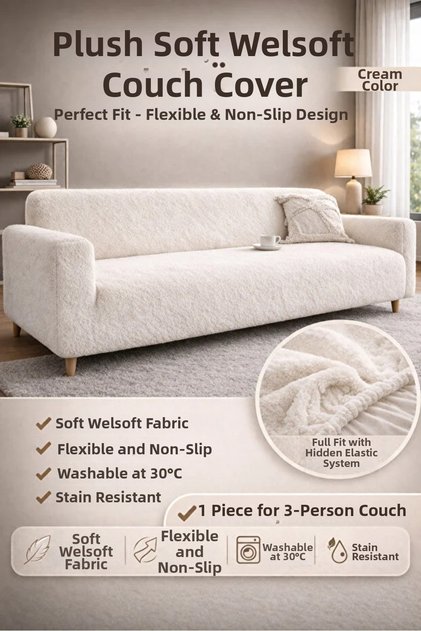 Plush Plain 3-Seater Welsoft Sofa Cover | Elastic Sofa Cover | Sofa Bed Cover | Seat Cover