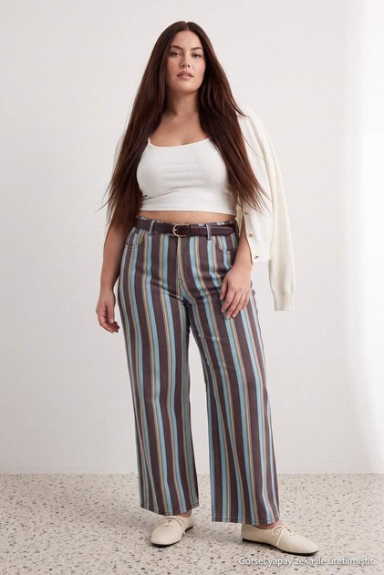 Multi-Colored Dumped Striped Printed 100% Cotton High Waist Wide Leg Jeans Tbbaw27Cj00015