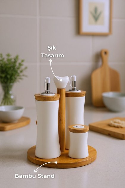 Fiago Bambu Standlı Yağlık Sirkelik Tuzluk ve Biberlik