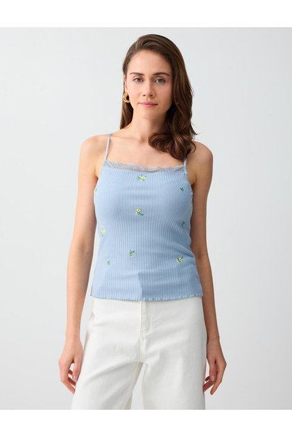 Blue Floral Embroidered Slim Fit Strappy Knitted Tank Top