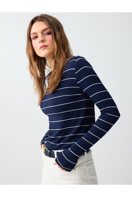 Navy Blue Boat Neck Long Sleeve Striped Knitted Blouse