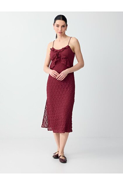 burgundy dress silver accessories Plus Size Burgundy Lace 3/4 Sleeve A-line Midi Dress With Satin Belt