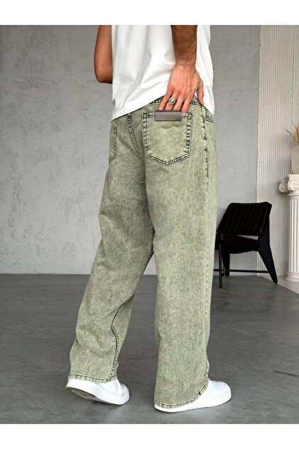 Wonraces Erkek Matcha Süper Baggy Yıkamalı Basic Denim Pantolon