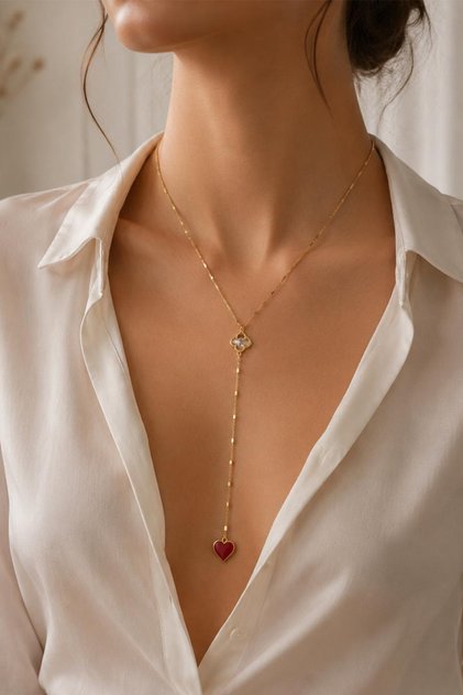 Gold Color Clover Red Heart Figured Crop Y Necklace (110cm)