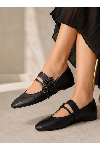 Feles Buckle Detailed Blunt Toe Women's Ballerina Shoes Black