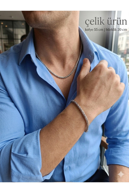 Men's Tarnish-Resistant Stainless Steel Mesh Model King Chain Necklace and Bracelet Set