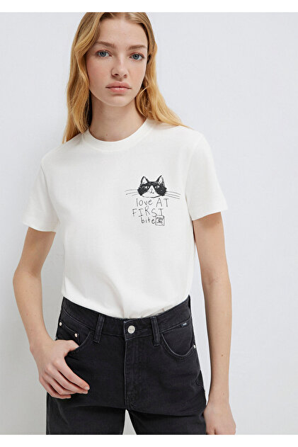 Mavi Cat Printed Ecru T-Shirt Semi Slim Fit / Semi Narrow Cut