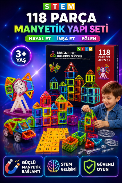 118 Parça Manyetik Blok Seti STEM Eğitici Oyuncak Manyetik Yapı İnşa Seti