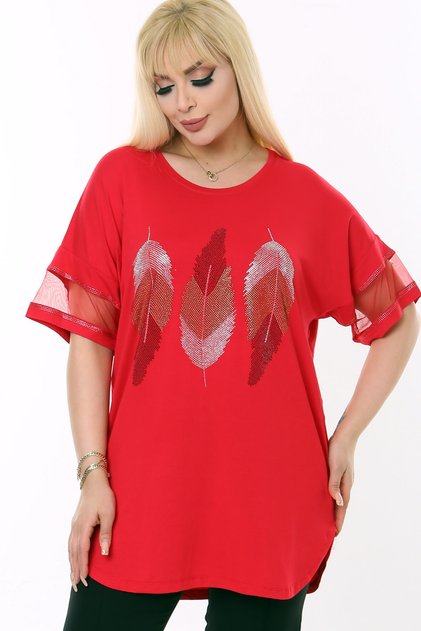 Stone Printed Leaf Pattern Tulle Striped Short Sleeve Round Neck Comfortable Lycra Flexible Plus Size Blouse