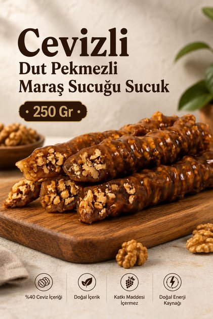 (250 GR) Kalın Cevizli Dut Pekmezli Maraş Sucuğu Sucuk Tatlı Atıştırmalık - 1. Sınıf Premium Kalite