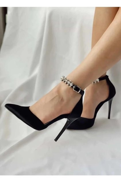 Black Satin Stone-Embellished High Heel Stiletto Evening Shoes