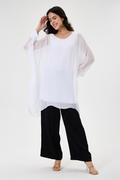 White Italian Bat Sleeve Lined Long Silk Tunic Blouse 40 - 46 Size