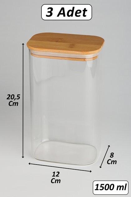 3 Adet Borosilikat Cam Bakliyat Kavanoz Vakumlu Doğal Bambu Kapak ( 1500 Ml ) ve Etiket - B02