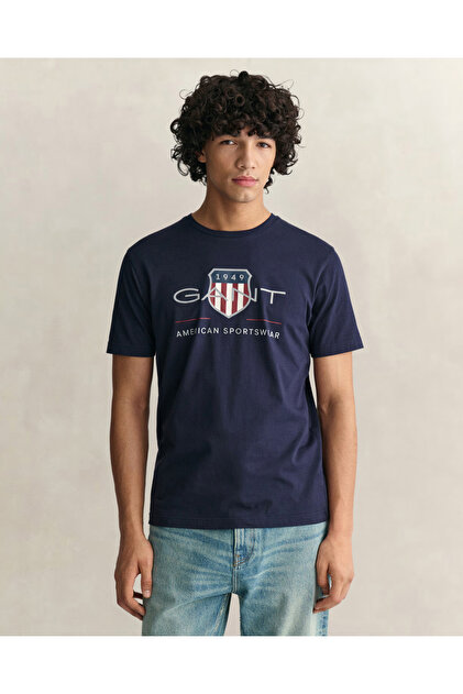 Erkek Lacivert Regular Fit Bisiklet Yaka Logolu T-Shirt