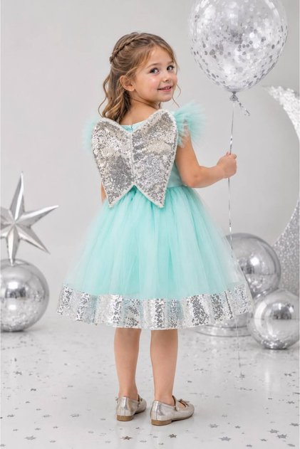 Girl's Evening Dress Ruffled Sleeves with Sashes and Sequins 3-6 Years Birthday Concept Dress