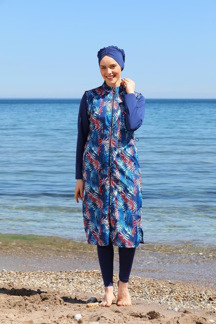 Digital Printed Long Gilet Model Closed Hijab Swimsuit 3482