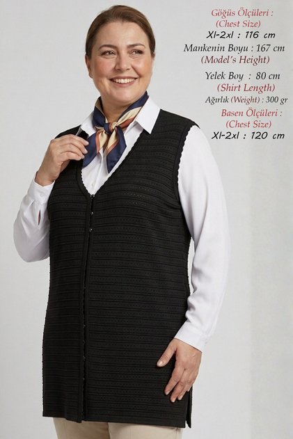 Women's Plus Size Lycra Seasonal Non-Pilling 44-50 Size Mother's Vest with Slit at the Hem and Openwork Design, Standard 44-50 Size Matching Vest