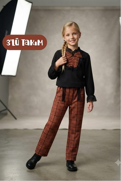 Girl's Piece Detailed Black Blouse Plaid Patterned Trousers Buckle 3-Piece Set