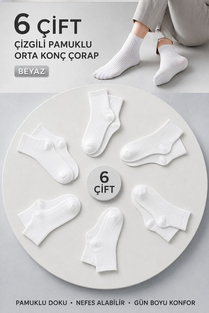Striped Orta Konç Cotton Pack Socks 252 White
