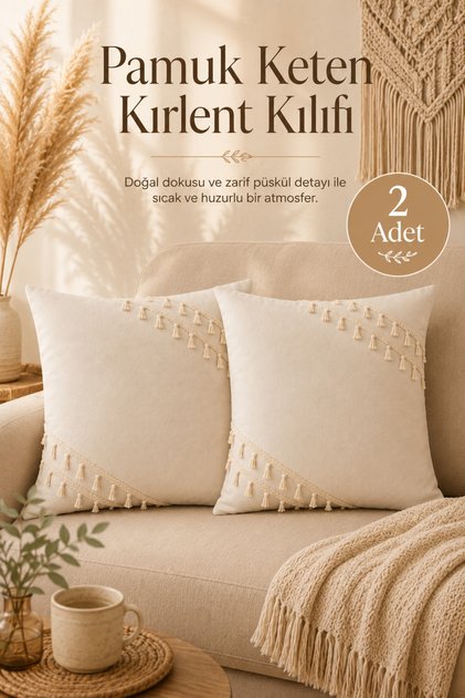 2-Piece Natural Linen Tassel Throw Pillow Cover Bohemian Rustic Vintage Living Room Decor Decorative 2-Piece Throw Pillow Cover