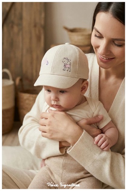 Embroidered Baby Hat - 0-18 Months Linen Look Summer Baby Girl Cap (Size 43-46 cm)